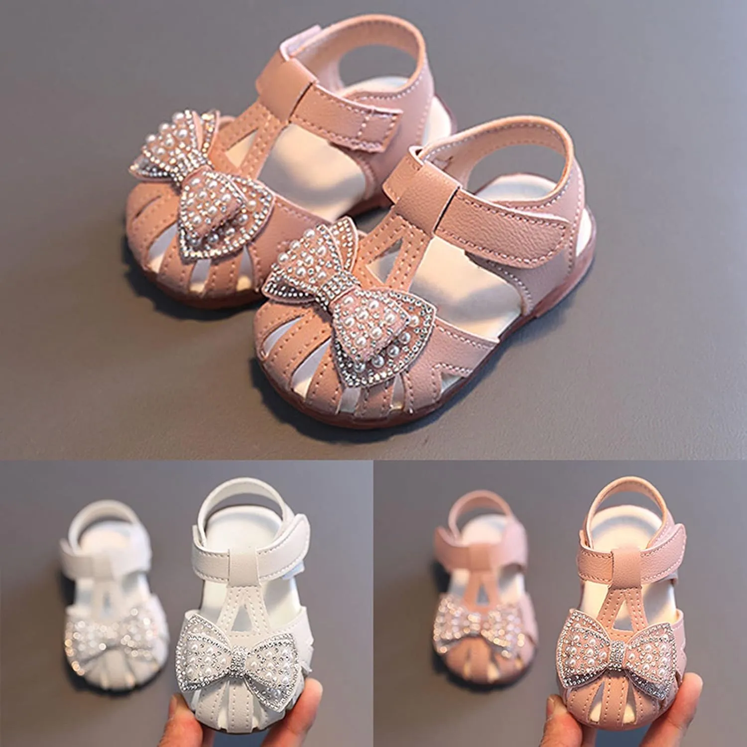 Toddler Baby Girl Pearl Bowknot Sandals Infant Closed Toe First Walking Shoes Soft Sole Cute Flip Flops Sandals