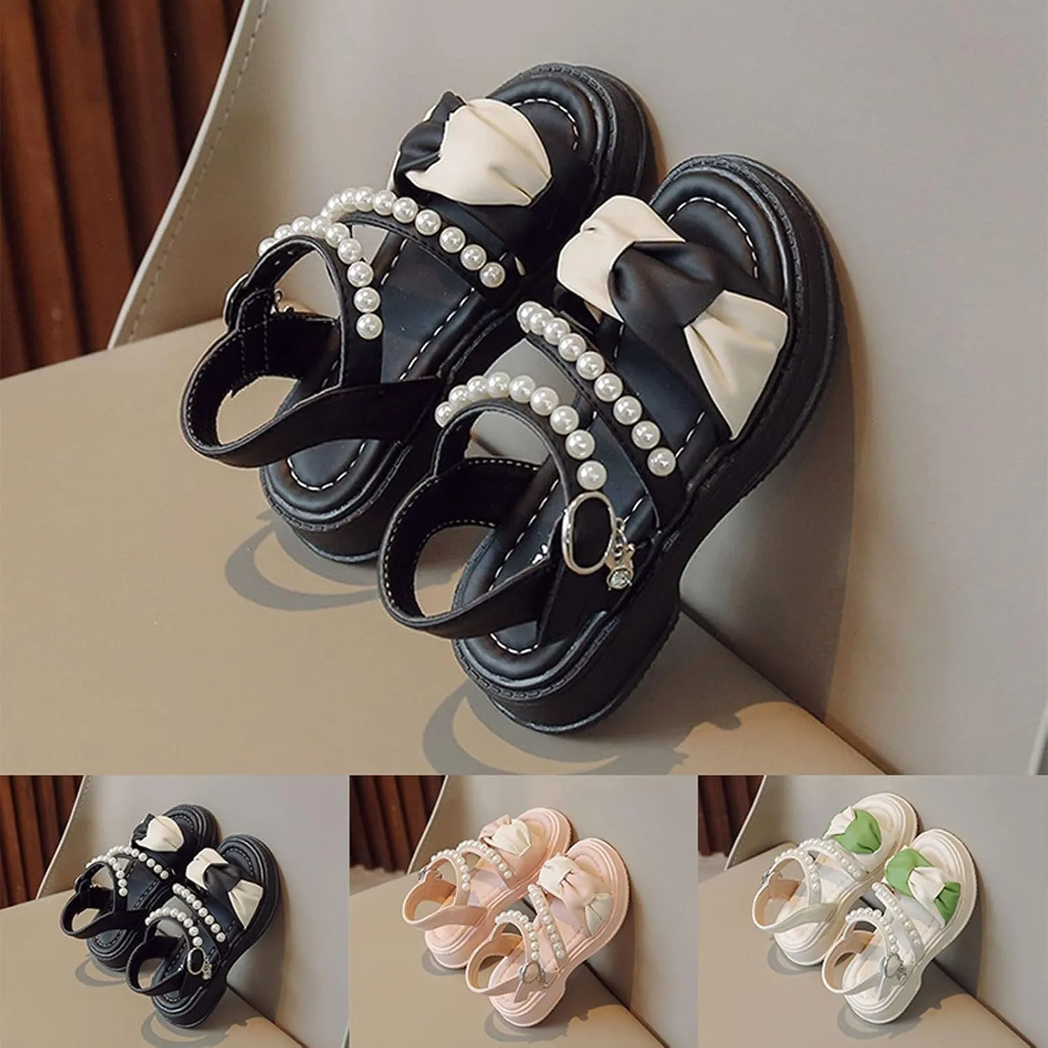 Toddler Girl Dress Sandals Kids Contrast Color Open Toe Pearl Ankle Strap School Party Cute Flat Leather Boots