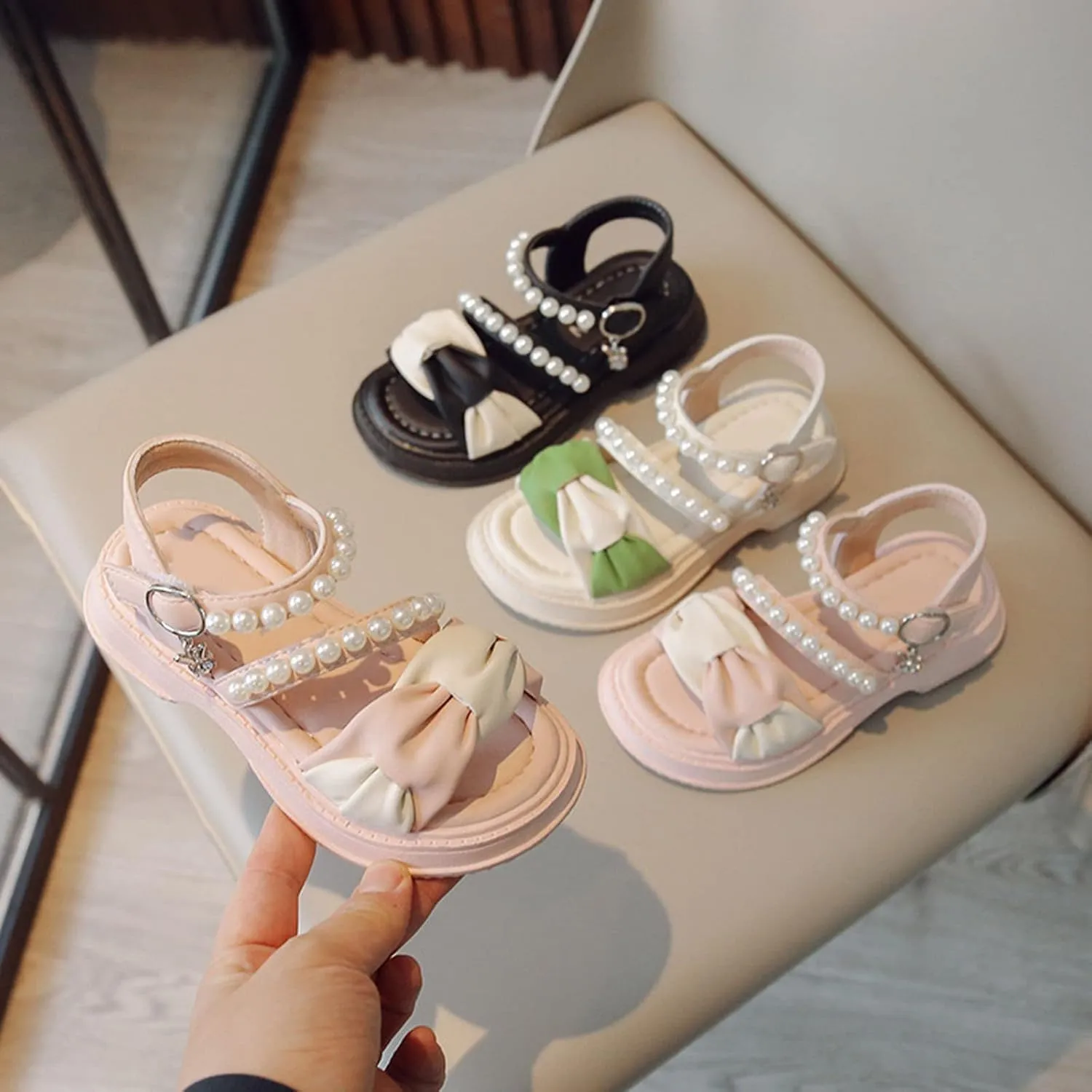 Toddler Girl Dress Sandals Kids Contrast Color Open Toe Pearl Ankle Strap School Party Cute Flat Leather Boots