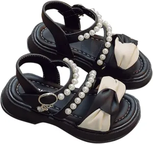 Toddler Girl Dress Sandals Kids Contrast Color Open Toe Pearl Ankle Strap School Party Cute Flat Leather Boots