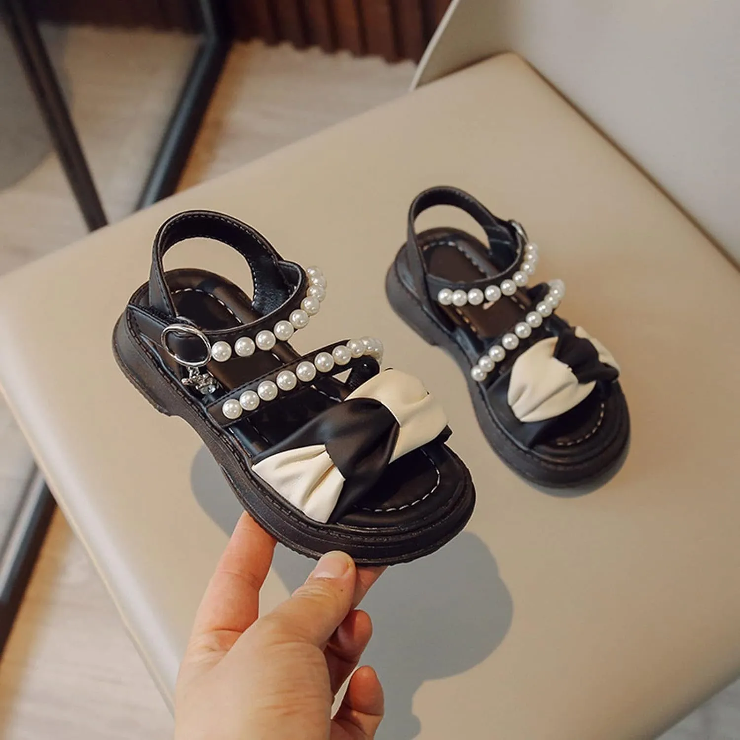 Toddler Girl Dress Sandals Kids Contrast Color Open Toe Pearl Ankle Strap School Party Cute Flat Leather Boots