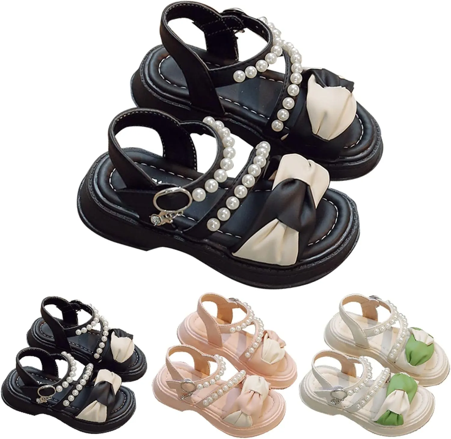Toddler Girl Dress Sandals Kids Contrast Color Open Toe Pearl Ankle Strap School Party Cute Flat Leather Boots