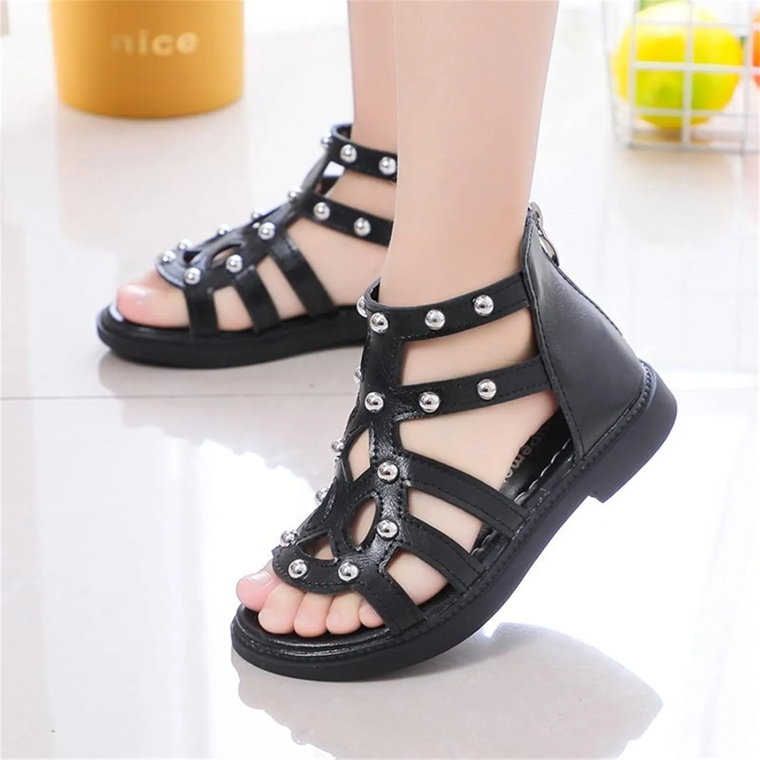 Toddler Girls Flat High Top Sandals Open Toe Rubber Soft Sole Non Slip Outdoor Casual Roman Shoes with Back Zip