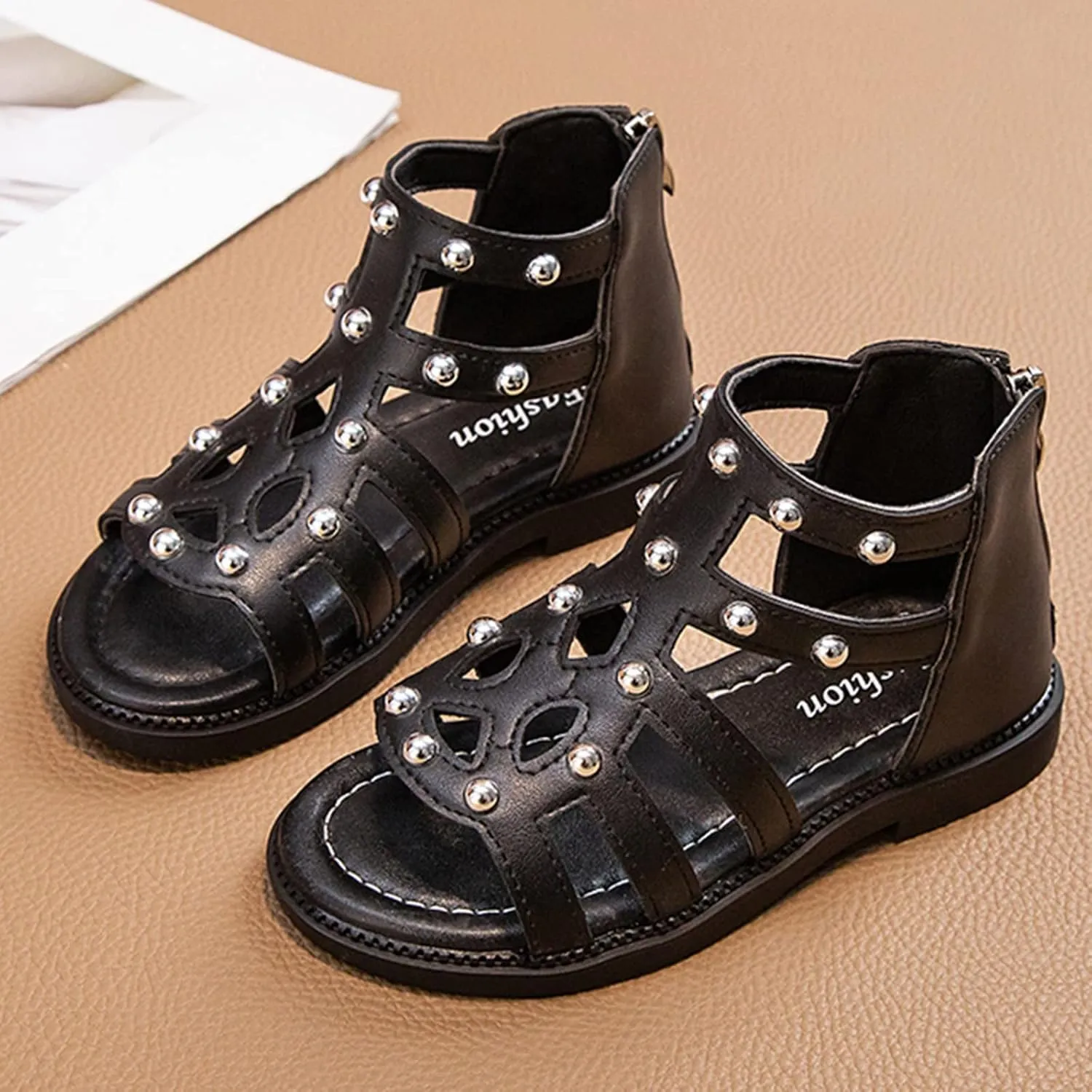Toddler Girls Flat High Top Sandals Open Toe Rubber Soft Sole Non Slip Outdoor Casual Roman Shoes with Back Zip