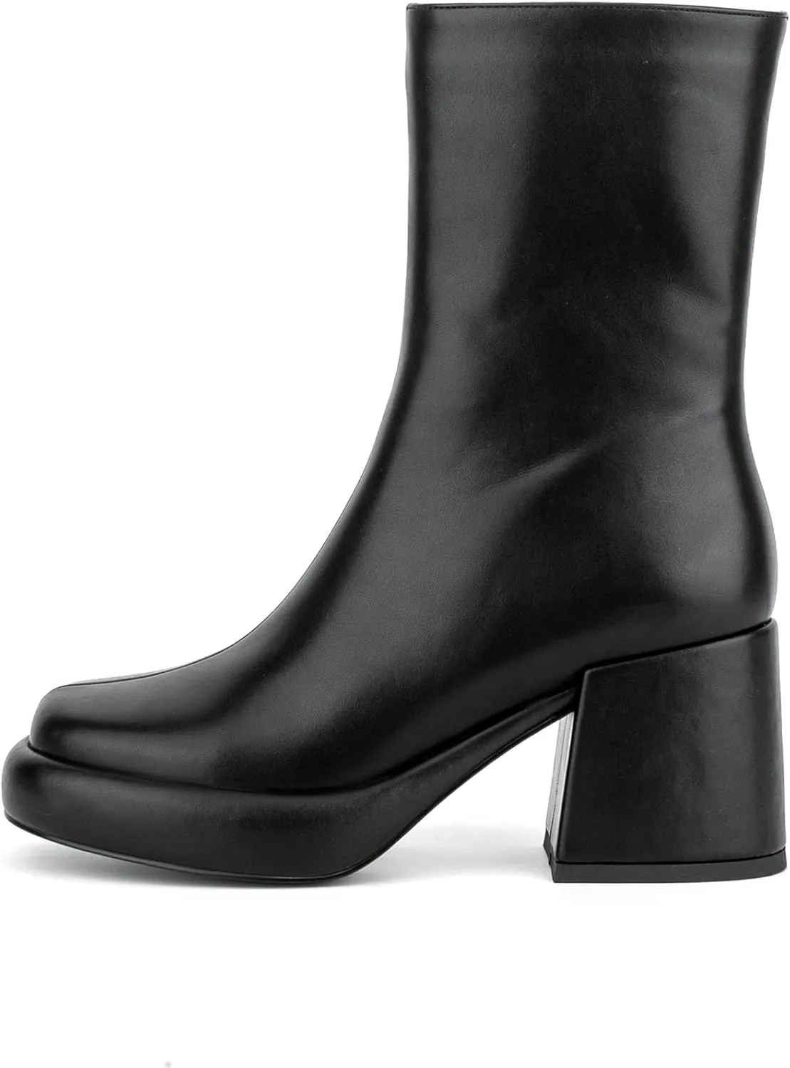 Women Casual Round Toe Platform Mid Calf Boot Vegan Leather Suede Block High Heel Zipper Boots