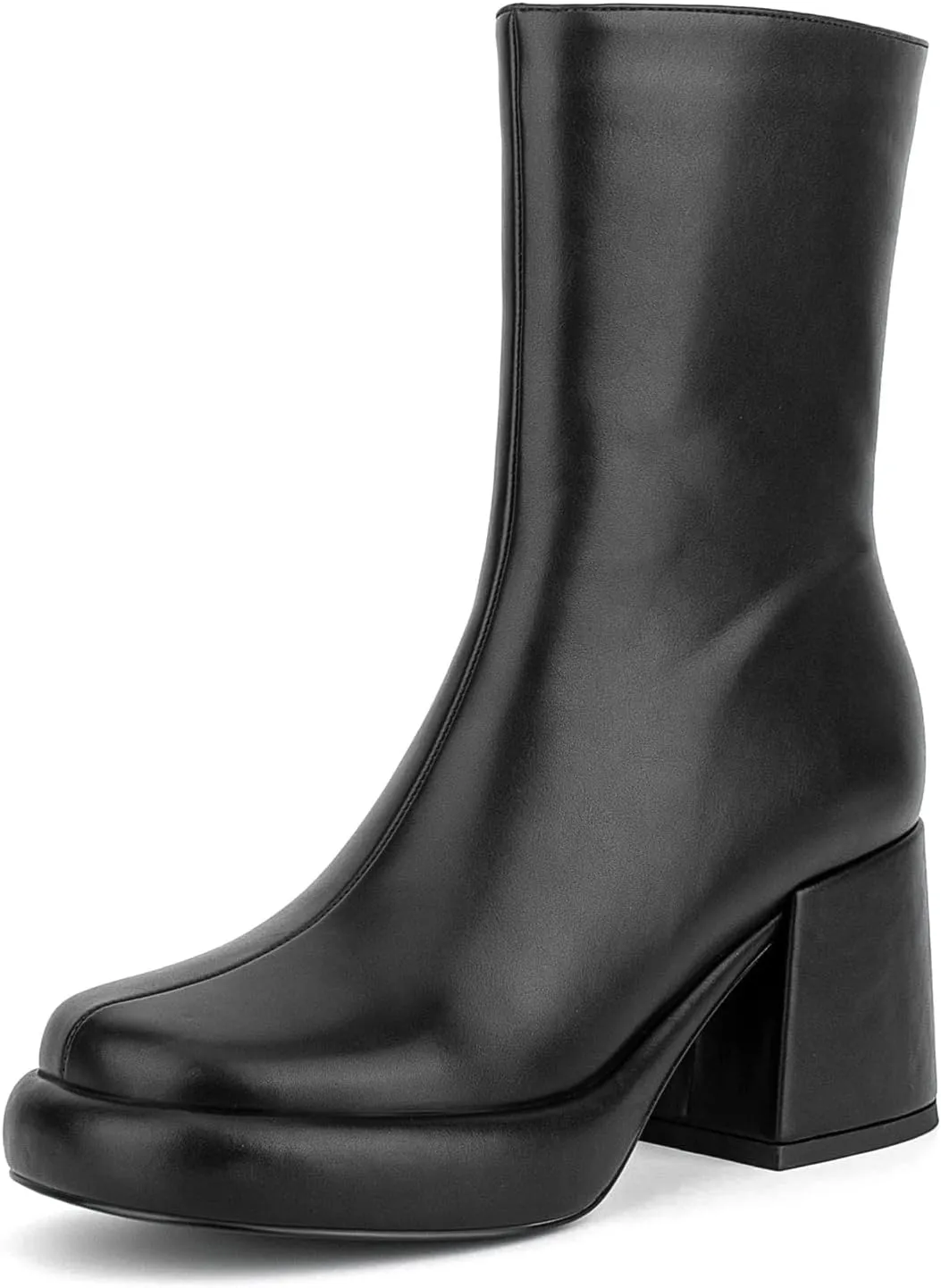 Women Casual Round Toe Platform Mid Calf Boot Vegan Leather Suede Block High Heel Zipper Boots