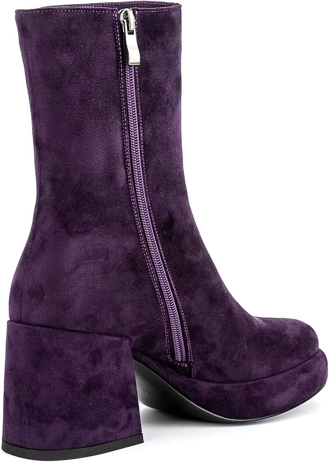 Women Casual Round Toe Platform Mid Calf Boot Vegan Leather Suede Block High Heel Zipper Boots