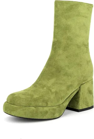 Women Casual Round Toe Platform Mid Calf Boot Vegan Leather Suede Block High Heel Zipper Boots
