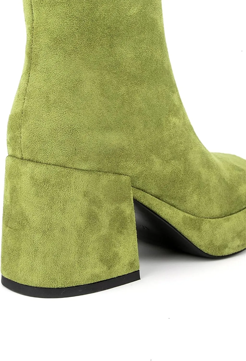 Women Casual Round Toe Platform Mid Calf Boot Vegan Leather Suede Block High Heel Zipper Boots