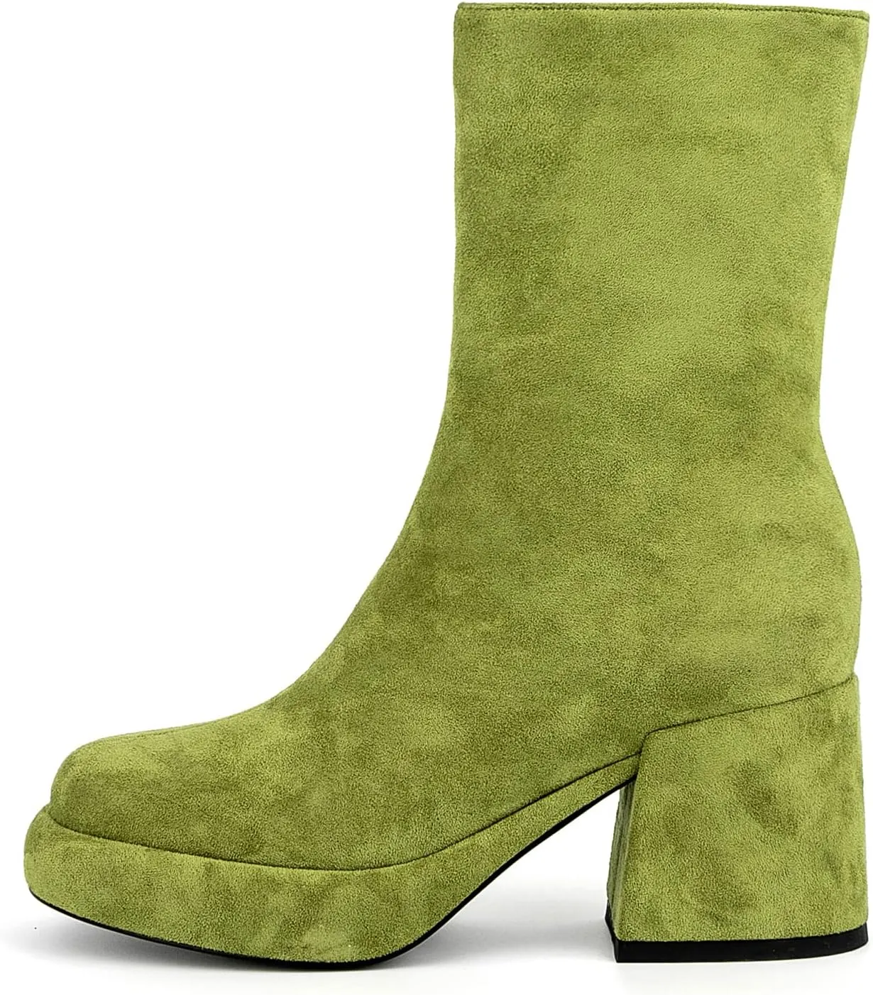 Women Casual Round Toe Platform Mid Calf Boot Vegan Leather Suede Block High Heel Zipper Boots