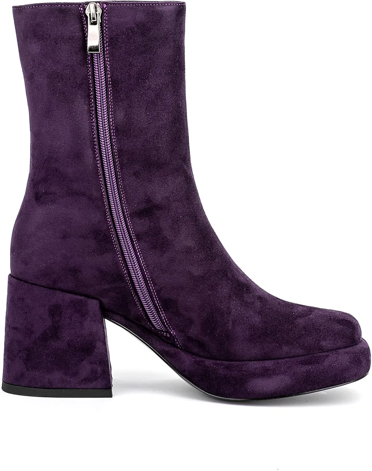 Women Casual Round Toe Platform Mid Calf Boot Vegan Leather Suede Block High Heel Zipper Boots