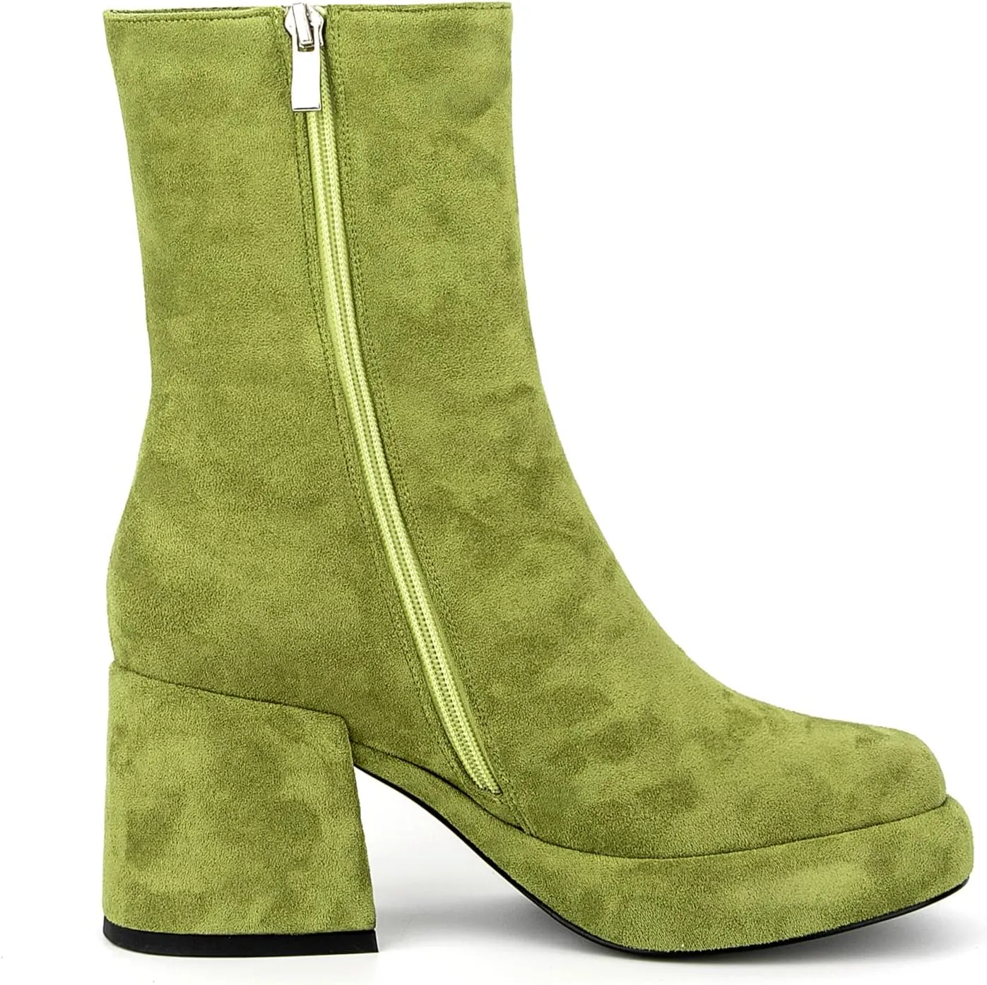 Women Casual Round Toe Platform Mid Calf Boot Vegan Leather Suede Block High Heel Zipper Boots