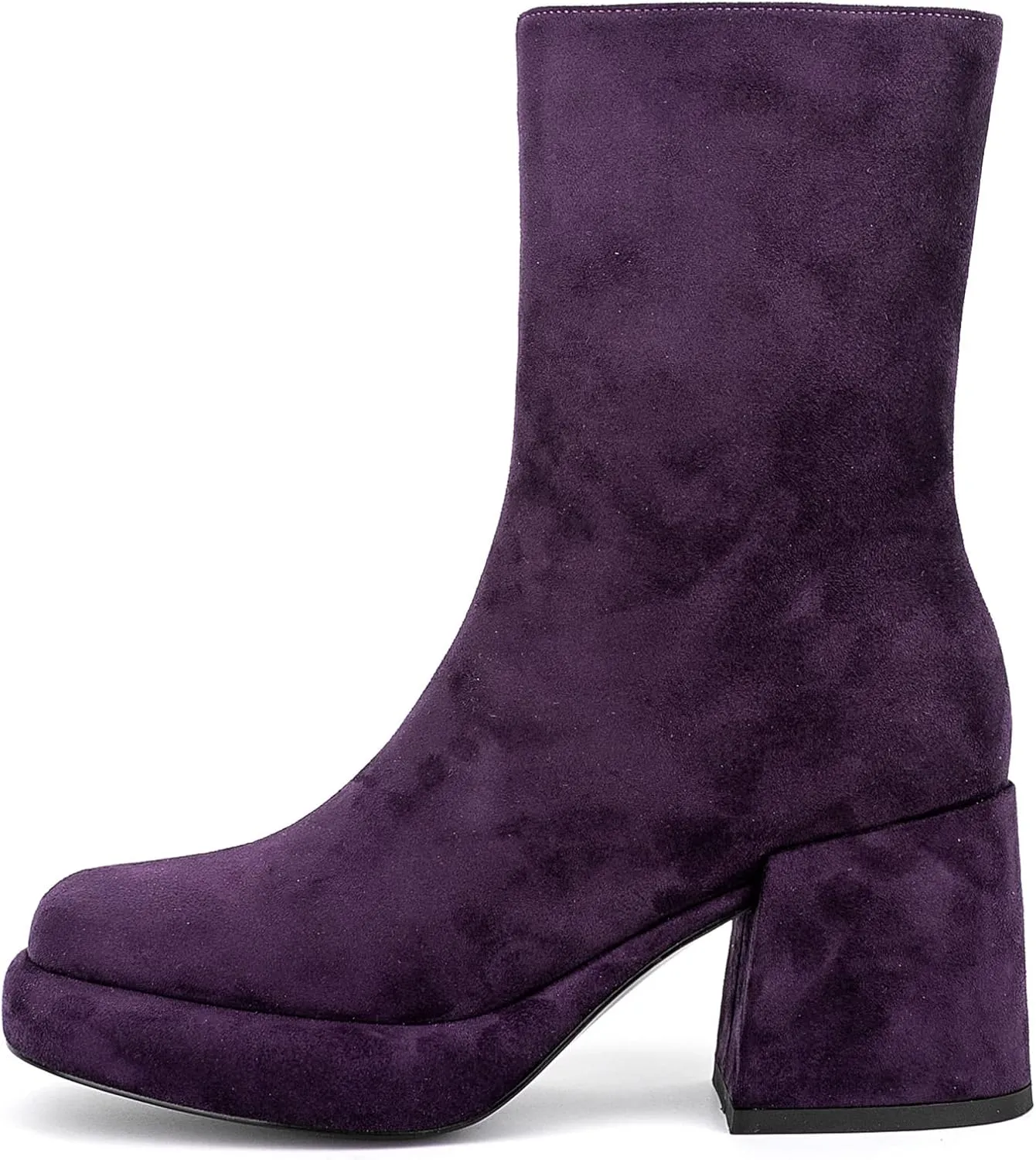 Women Casual Round Toe Platform Mid Calf Boot Vegan Leather Suede Block High Heel Zipper Boots