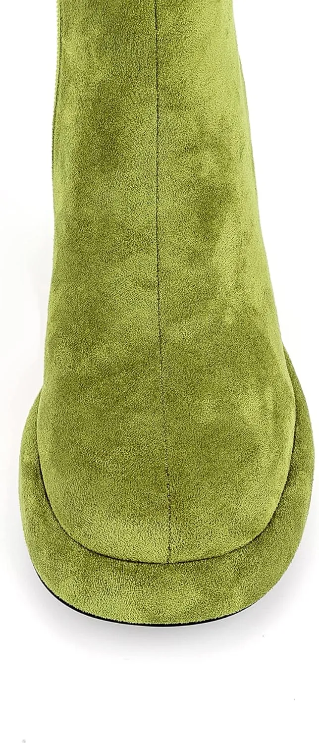 Women Casual Round Toe Platform Mid Calf Boot Vegan Leather Suede Block High Heel Zipper Boots