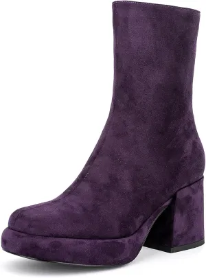 Women Casual Round Toe Platform Mid Calf Boot Vegan Leather Suede Block High Heel Zipper Boots