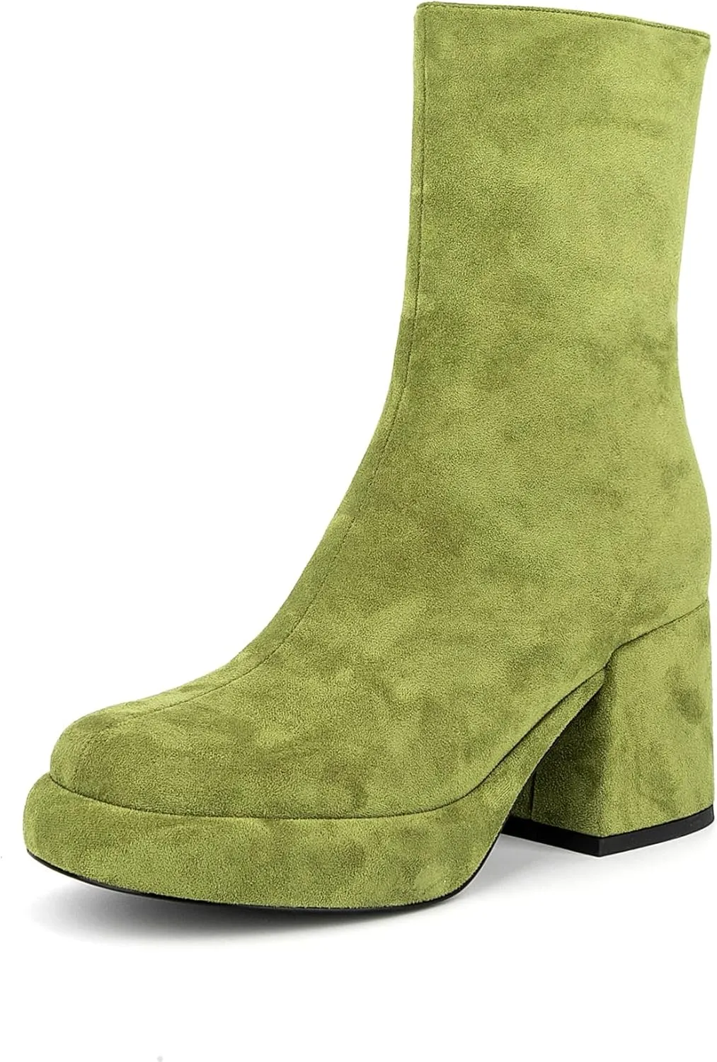 Women Casual Round Toe Platform Mid Calf Boot Vegan Leather Suede Block High Heel Zipper Boots