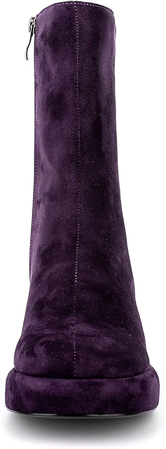 Women Casual Round Toe Platform Mid Calf Boot Vegan Leather Suede Block High Heel Zipper Boots