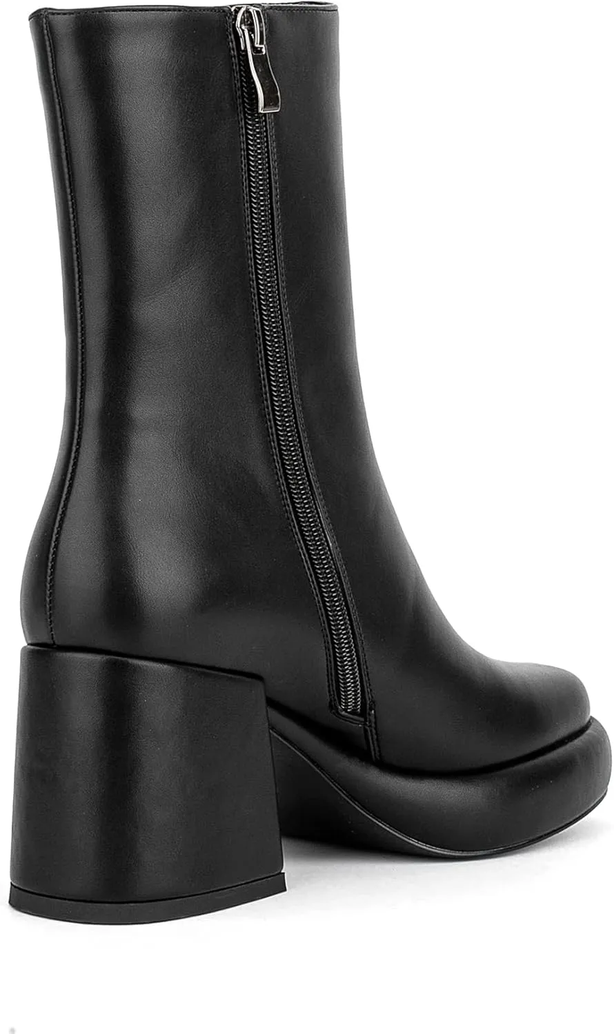Women Casual Round Toe Platform Mid Calf Boot Vegan Leather Suede Block High Heel Zipper Boots