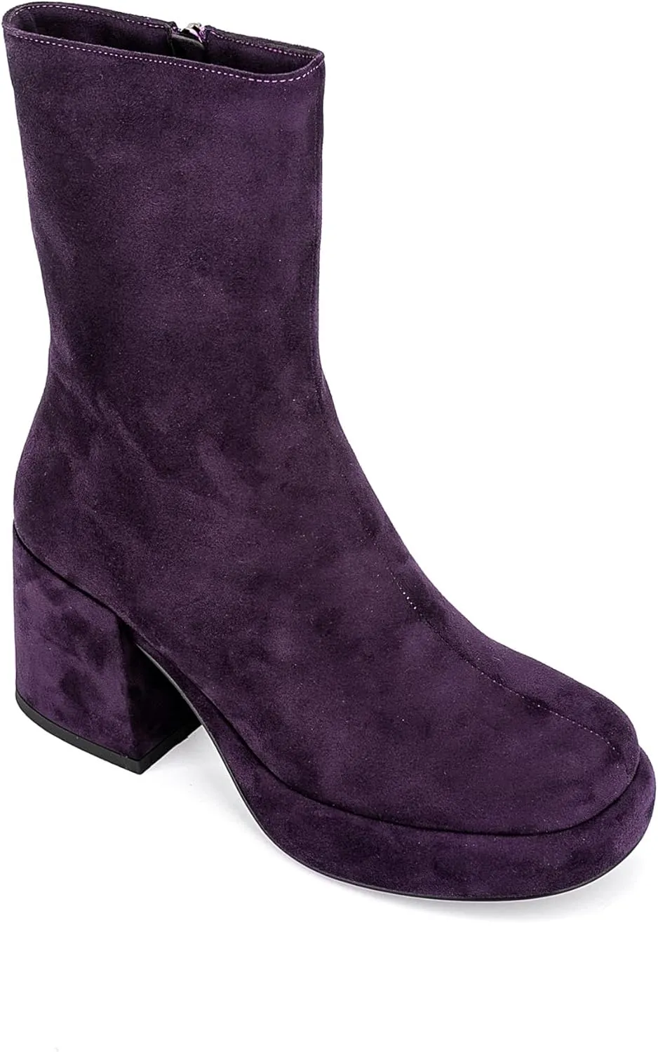 Women Casual Round Toe Platform Mid Calf Boot Vegan Leather Suede Block High Heel Zipper Boots