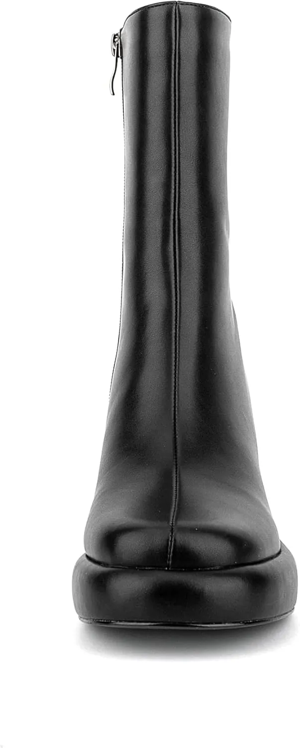 Women Casual Round Toe Platform Mid Calf Boot Vegan Leather Suede Block High Heel Zipper Boots
