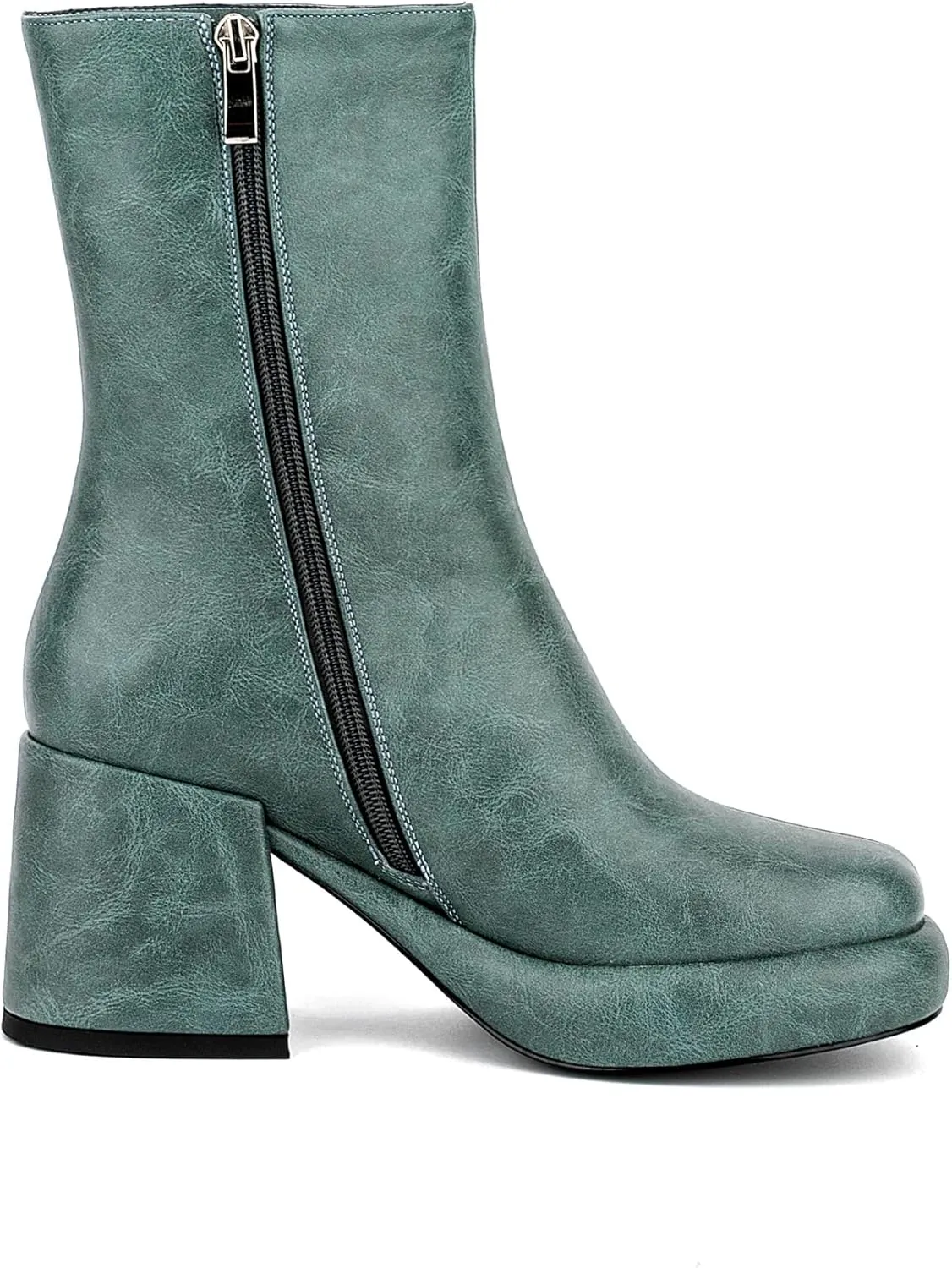 Women Casual Round Toe Platform Mid Calf Boot Vegan Leather Suede Block High Heel Zipper Boots