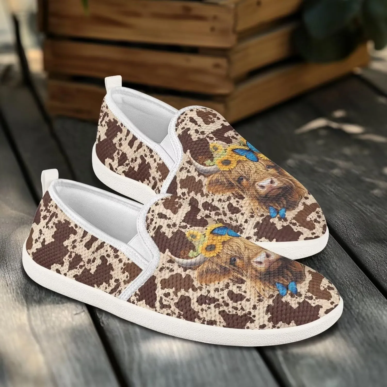 Women's Highland Cattle Outdoor Loafer Casual Walking Wedding Shoes Dress Flats Tennis Loafers