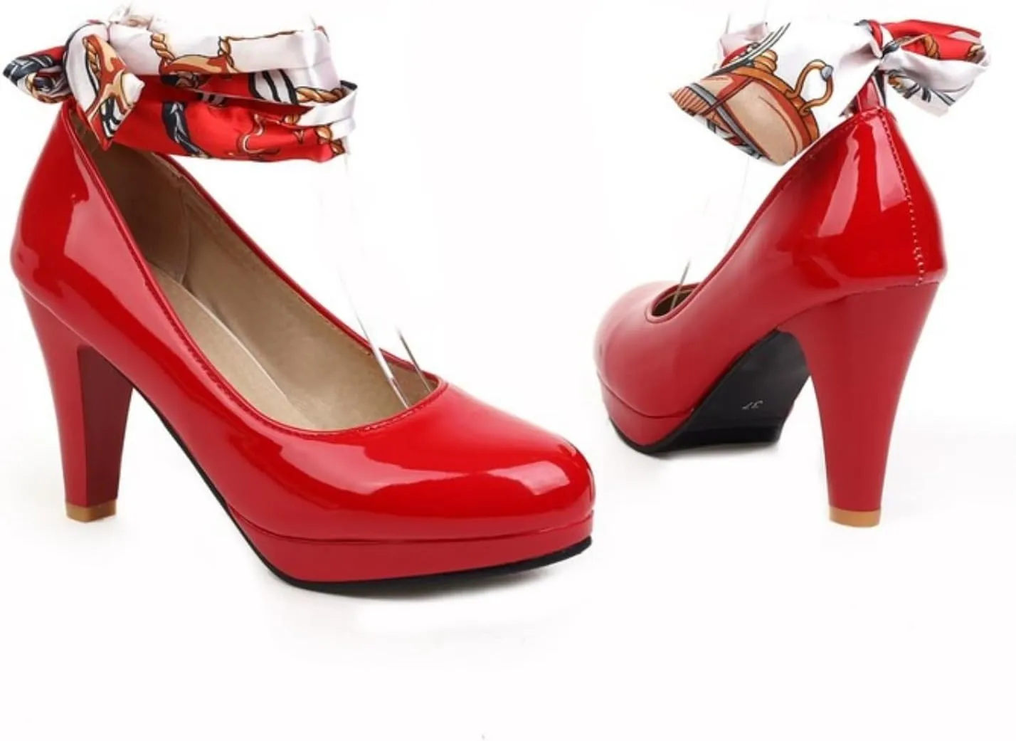 Women's Platform Mary Jane Shoes Fashion Round Closed Toe Cross Ribbon Strap Chunky High Heel Wedding Party Prom Dress Pumps