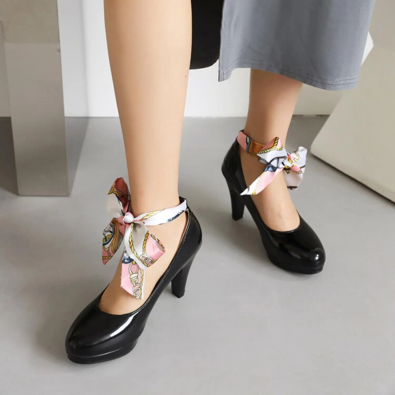 Women's Platform Mary Jane Shoes Fashion Round Closed Toe Cross Ribbon Strap Chunky High Heel Wedding Party Prom Dress Pumps