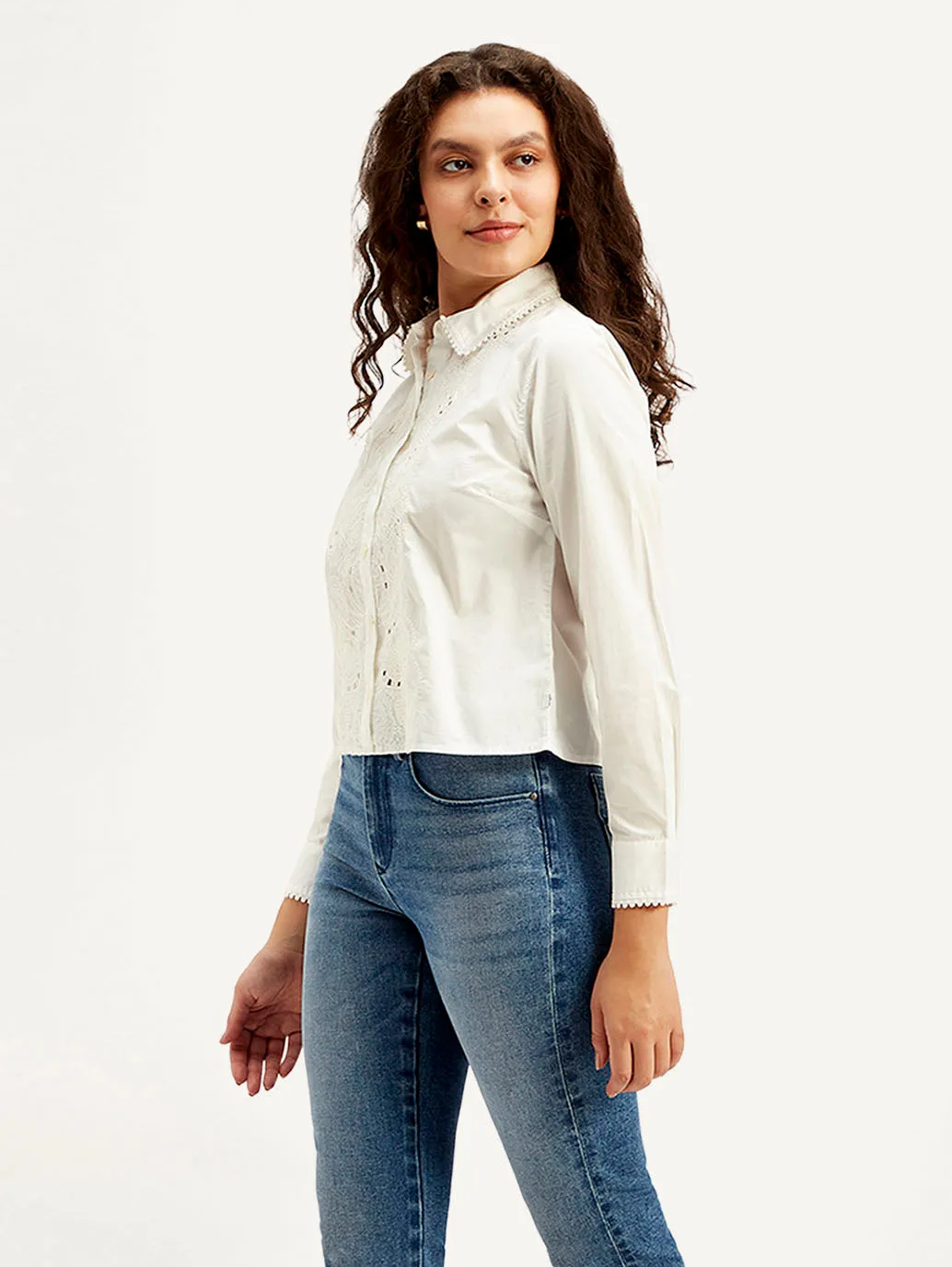 Women's Self Design Spread Collar Shirt