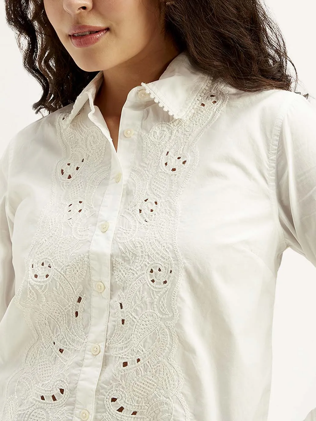 Women's Self Design Spread Collar Shirt