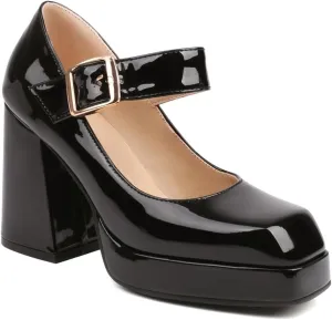 Women's Square Toe Buckle Strap High Heeled Platform Pumps Chunky Heels Faux Leather Mary Jane Style Pumps Shoes