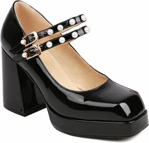 Women's Square Toe Buckle Strap High Heeled Platform Pumps Chunky Heels Faux Leather Mary Jane Style Pumps Shoes