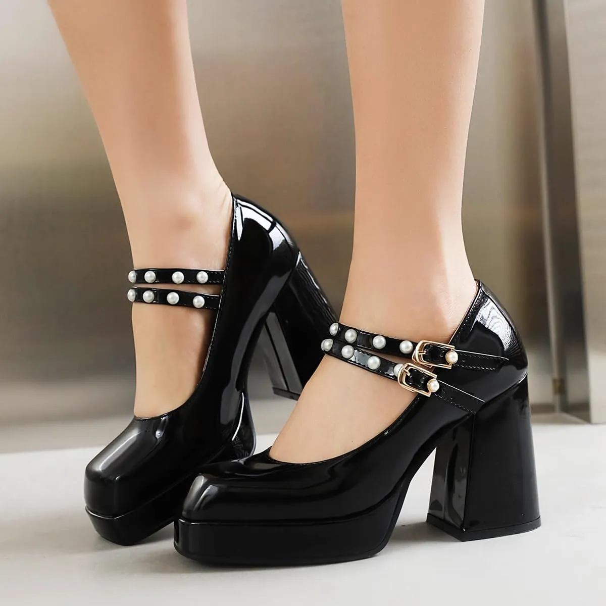 Women's Square Toe Buckle Strap High Heeled Platform Pumps Chunky Heels Faux Leather Mary Jane Style Pumps Shoes