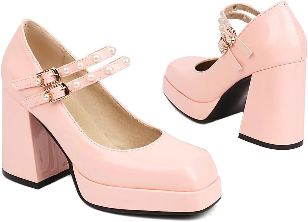 Women's Square Toe Buckle Strap High Heeled Platform Pumps Chunky Heels Faux Leather Mary Jane Style Pumps Shoes