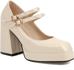 Women's Square Toe Buckle Strap High Heeled Platform Pumps Chunky Heels Faux Leather Mary Jane Style Pumps Shoes