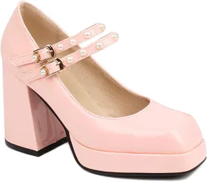 Women's Square Toe Buckle Strap High Heeled Platform Pumps Chunky Heels Faux Leather Mary Jane Style Pumps Shoes