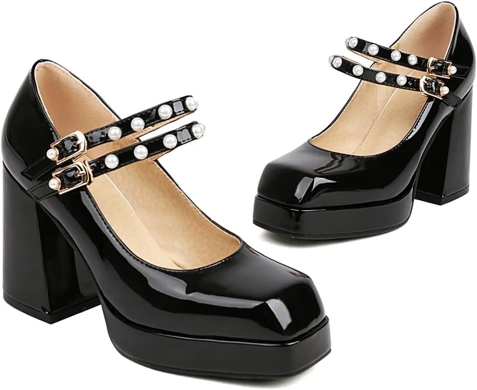 Women's Square Toe Buckle Strap High Heeled Platform Pumps Chunky Heels Faux Leather Mary Jane Style Pumps Shoes