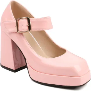 Women's Square Toe Buckle Strap High Heeled Platform Pumps Chunky Heels Faux Leather Mary Jane Style Pumps Shoes