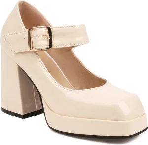 Women's Square Toe Buckle Strap High Heeled Platform Pumps Chunky Heels Faux Leather Mary Jane Style Pumps Shoes