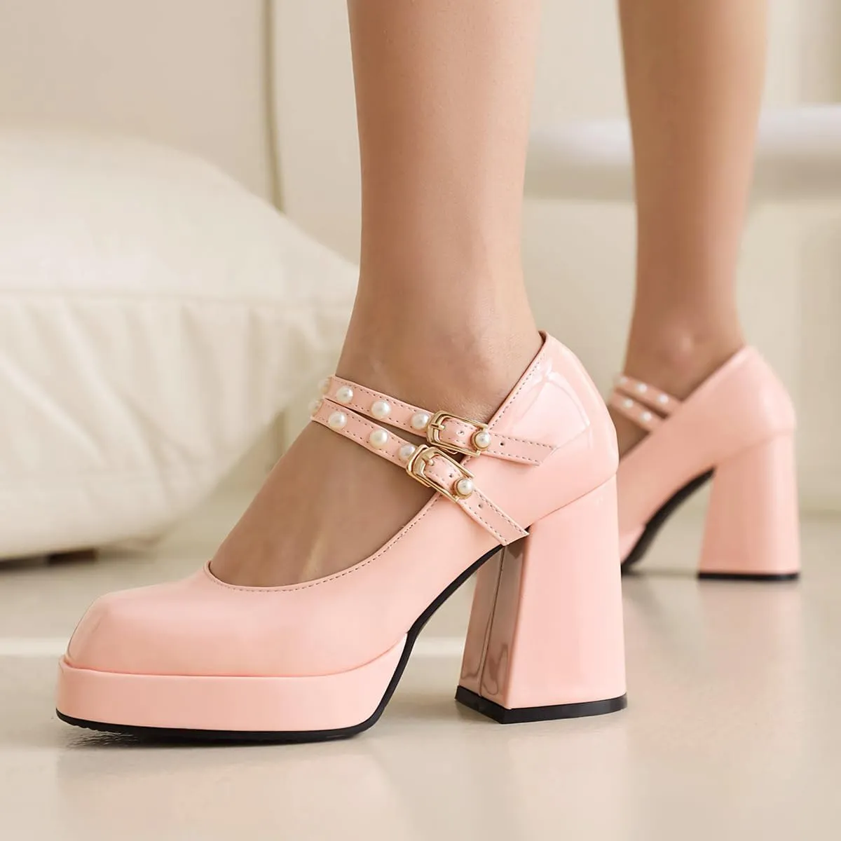 Women's Square Toe Buckle Strap High Heeled Platform Pumps Chunky Heels Faux Leather Mary Jane Style Pumps Shoes