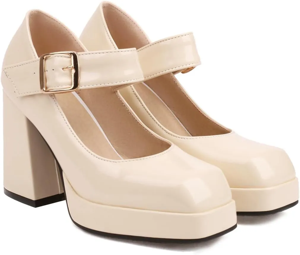 Women's Square Toe Buckle Strap High Heeled Platform Pumps Chunky Heels Faux Leather Mary Jane Style Pumps Shoes