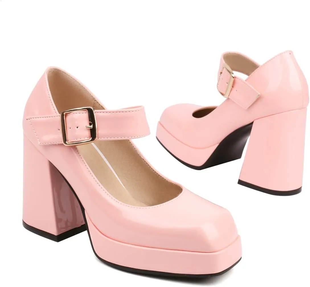 Women's Square Toe Buckle Strap High Heeled Platform Pumps Chunky Heels Faux Leather Mary Jane Style Pumps Shoes