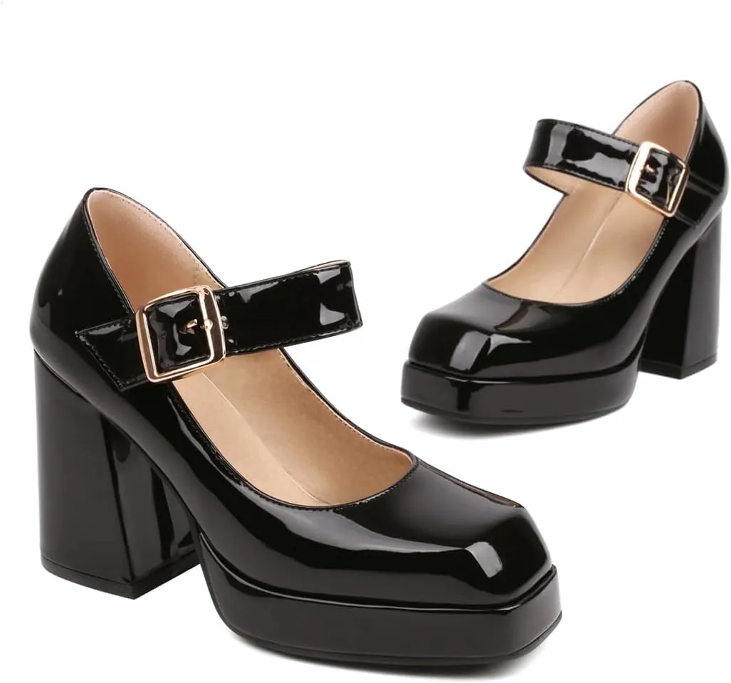 Women's Square Toe Buckle Strap High Heeled Platform Pumps Chunky Heels Faux Leather Mary Jane Style Pumps Shoes