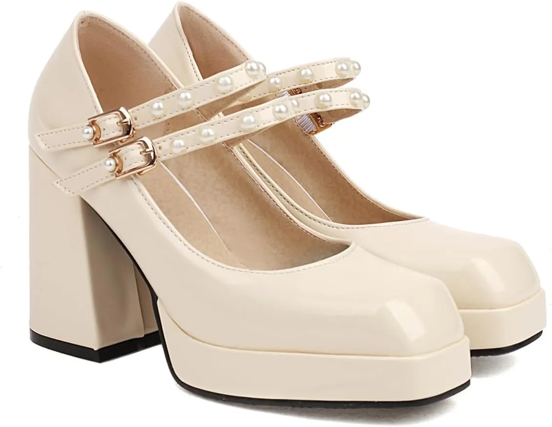 Women's Square Toe Buckle Strap High Heeled Platform Pumps Chunky Heels Faux Leather Mary Jane Style Pumps Shoes
