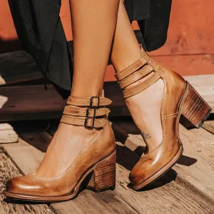 Women's Vintage Closed Round Toe Pumps Chunky Heel Ankle Strap Pumps Block Heel Mary Jane Shoes with Adjustable Buckles Wedding Party Dress Shoes5Brown