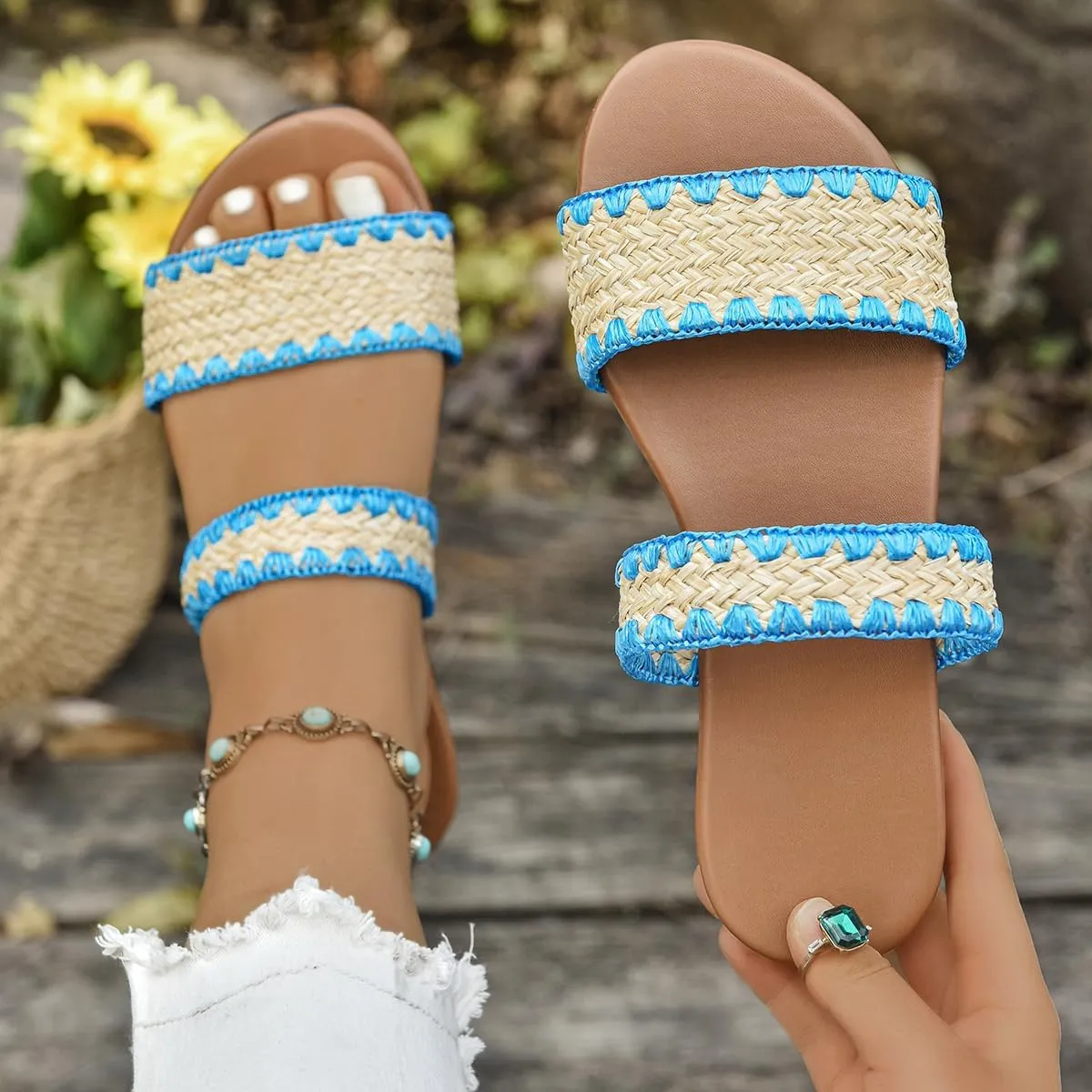 Women's Woven Straw Slide Sandals, Double Strap, Flat Comfort Slip-On
