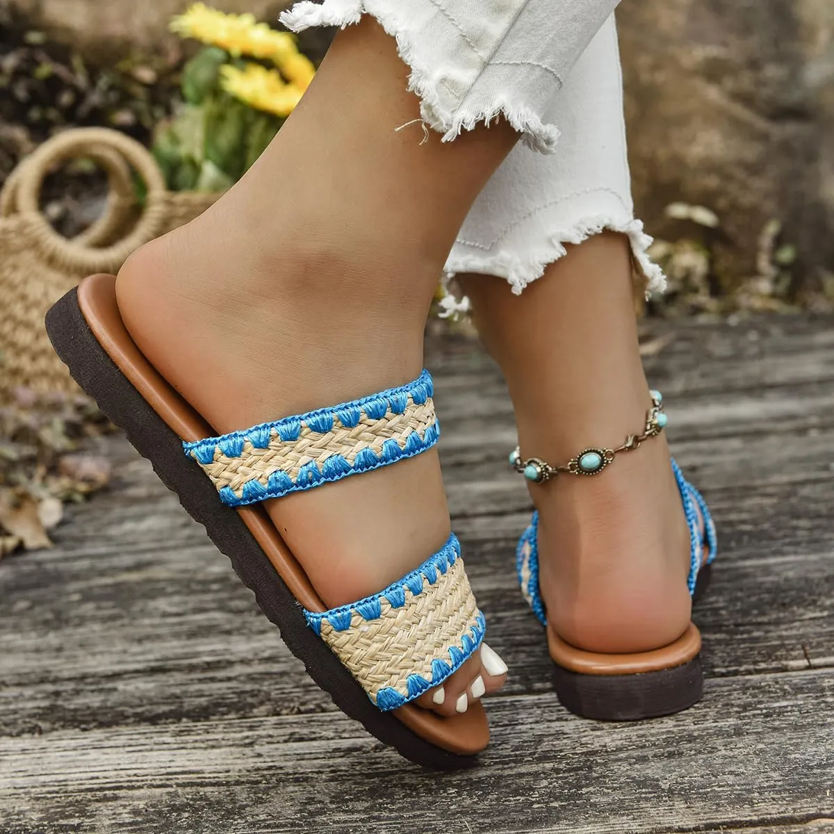 Women's Woven Straw Slide Sandals, Double Strap, Flat Comfort Slip-On