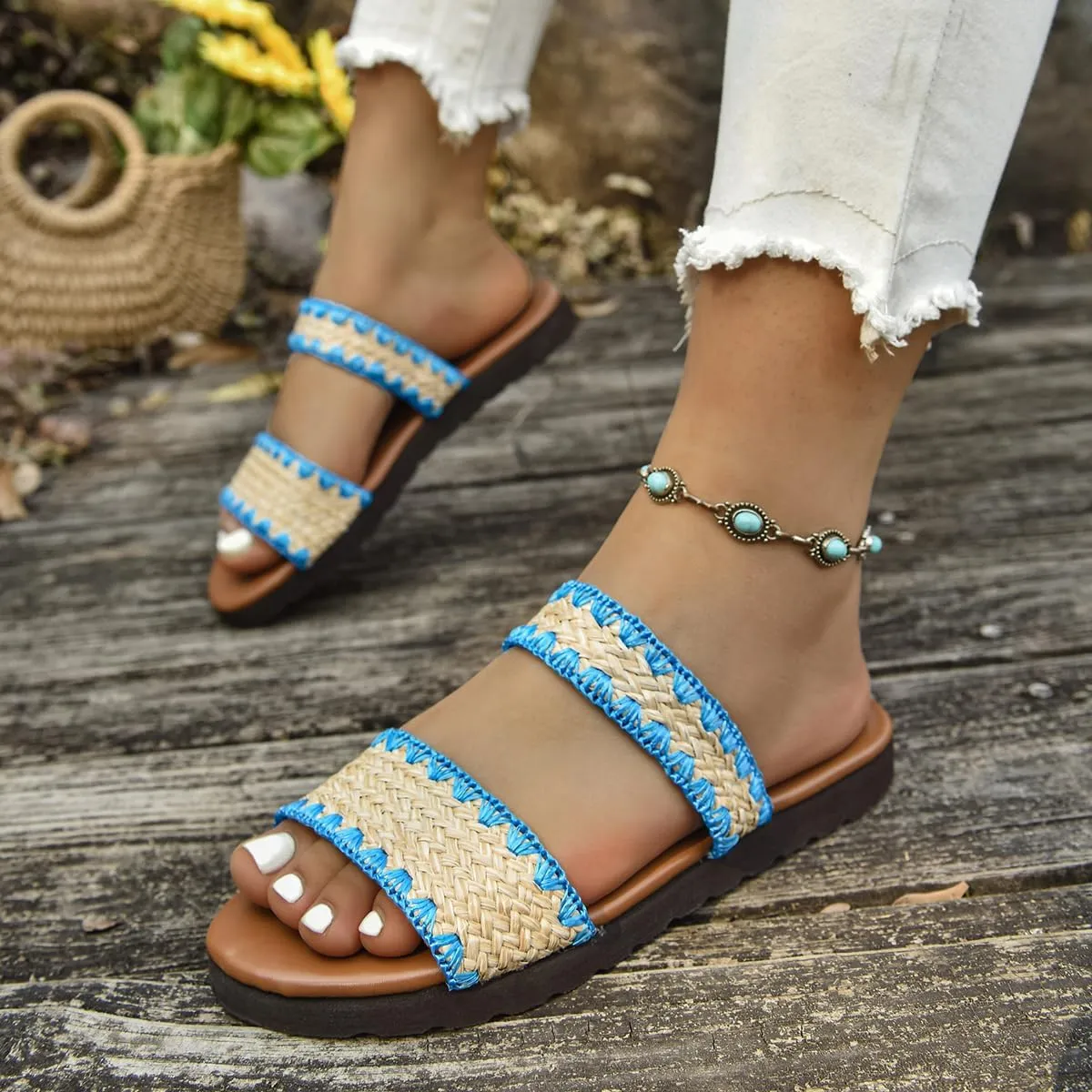 Women's Woven Straw Slide Sandals, Double Strap, Flat Comfort Slip-On