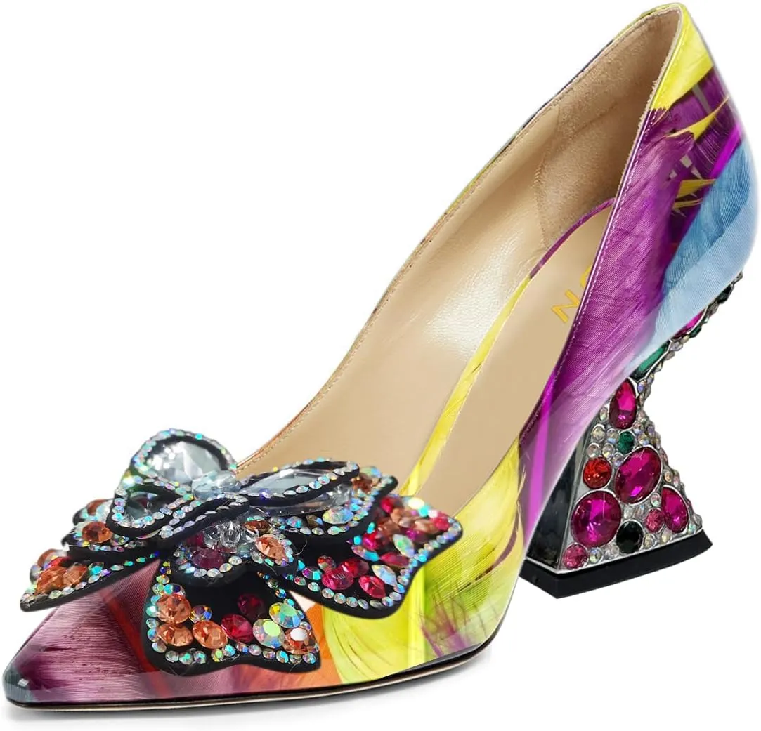 YDN Women Butterfly Pumps Colorful Crystal High Heels Studded Slip On Closed Pointed Toe Dress Shoe Wedding Party Size 4-16 US