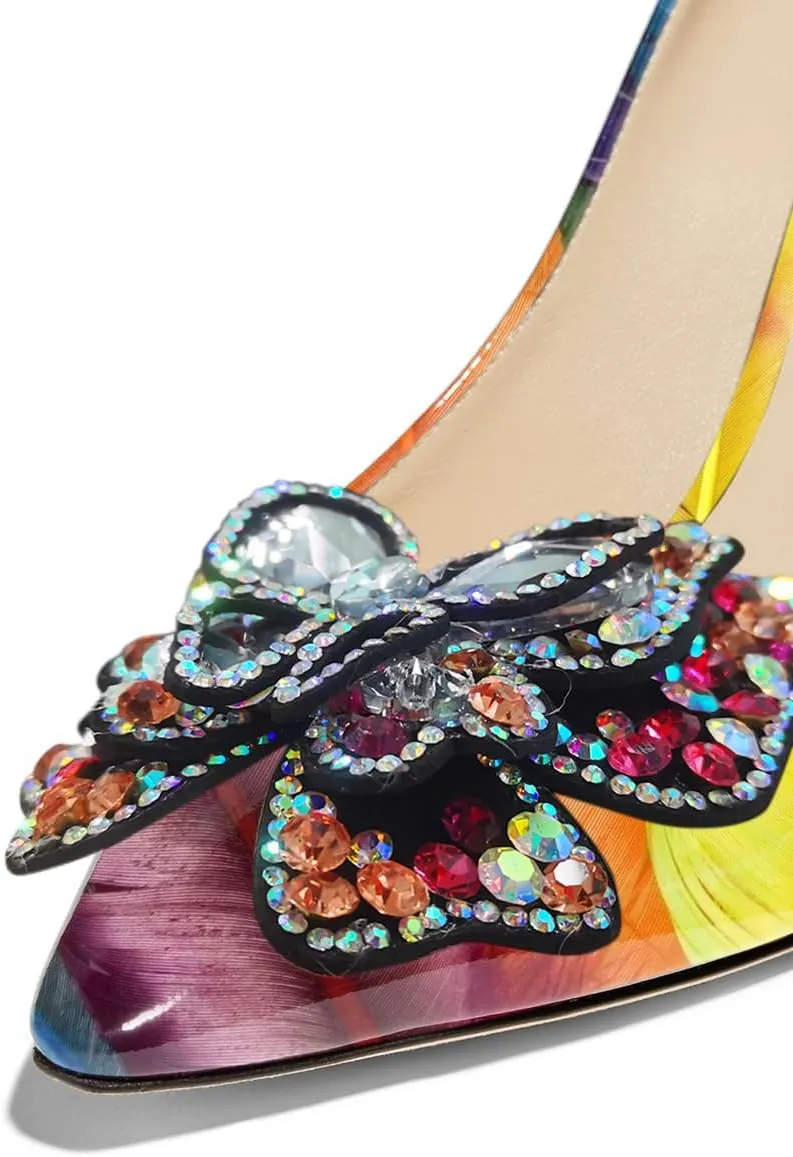 YDN Women Butterfly Pumps Colorful Crystal High Heels Studded Slip On Closed Pointed Toe Dress Shoe Wedding Party Size 4-16 US